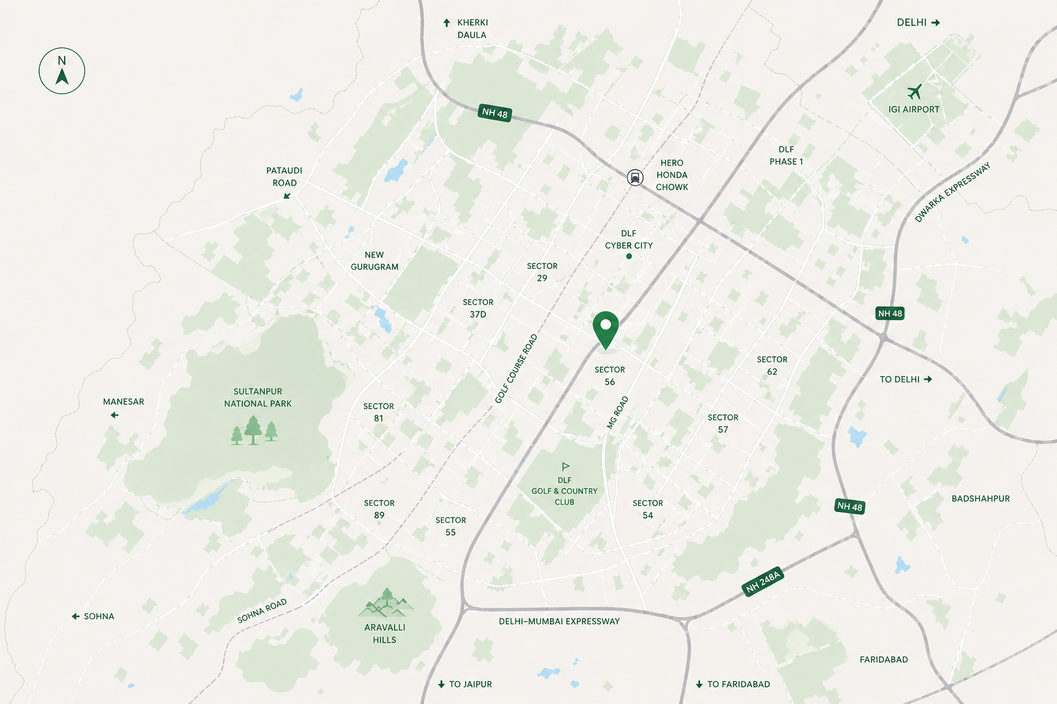 Stylized map of Gurugram showing the arterial road network and key sectors